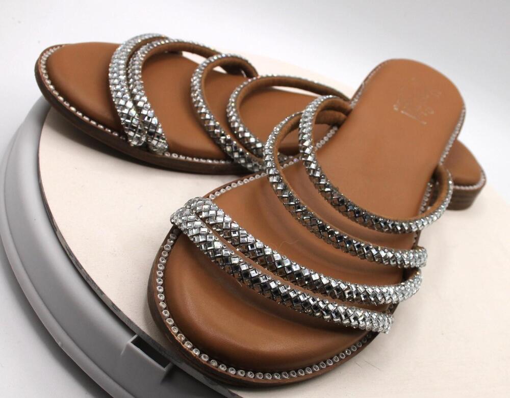 HeyGirl By Journeys Sandals Womens Size 10 Silver Rhinestone Slide Strappy Flat